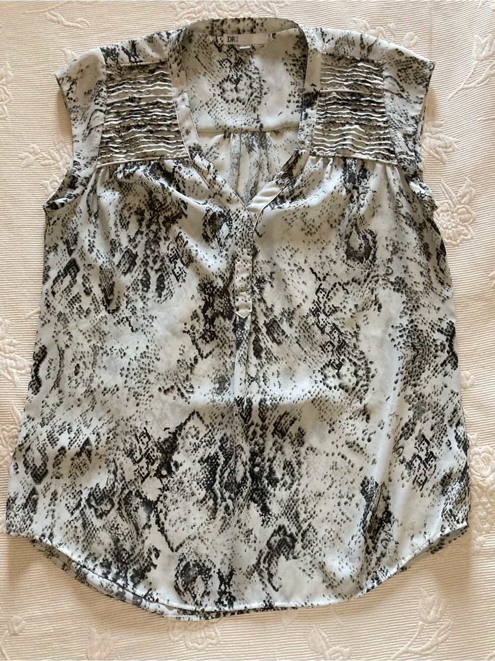 DR2 Black & White Snake-Print Pintuck Sleeveless Top